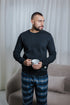 Men Winter Pajama Set Black T-shirt + Grey x Off-white Checkered Pants